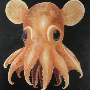 A contemporary acrylic painting of an orange octopus seen head-on against a dark black background, with detailed tentacles and reflective eyes.