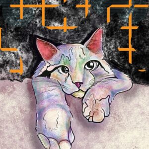 A surreal digital artwork showing a cat emerging from the bottom of the frame, rendered in iridescent pastel tones with sketch-like outlines. The background is dark and heavily textured, layered with bold orange geometric symbols, creating a muted, dissociative atmosphere.