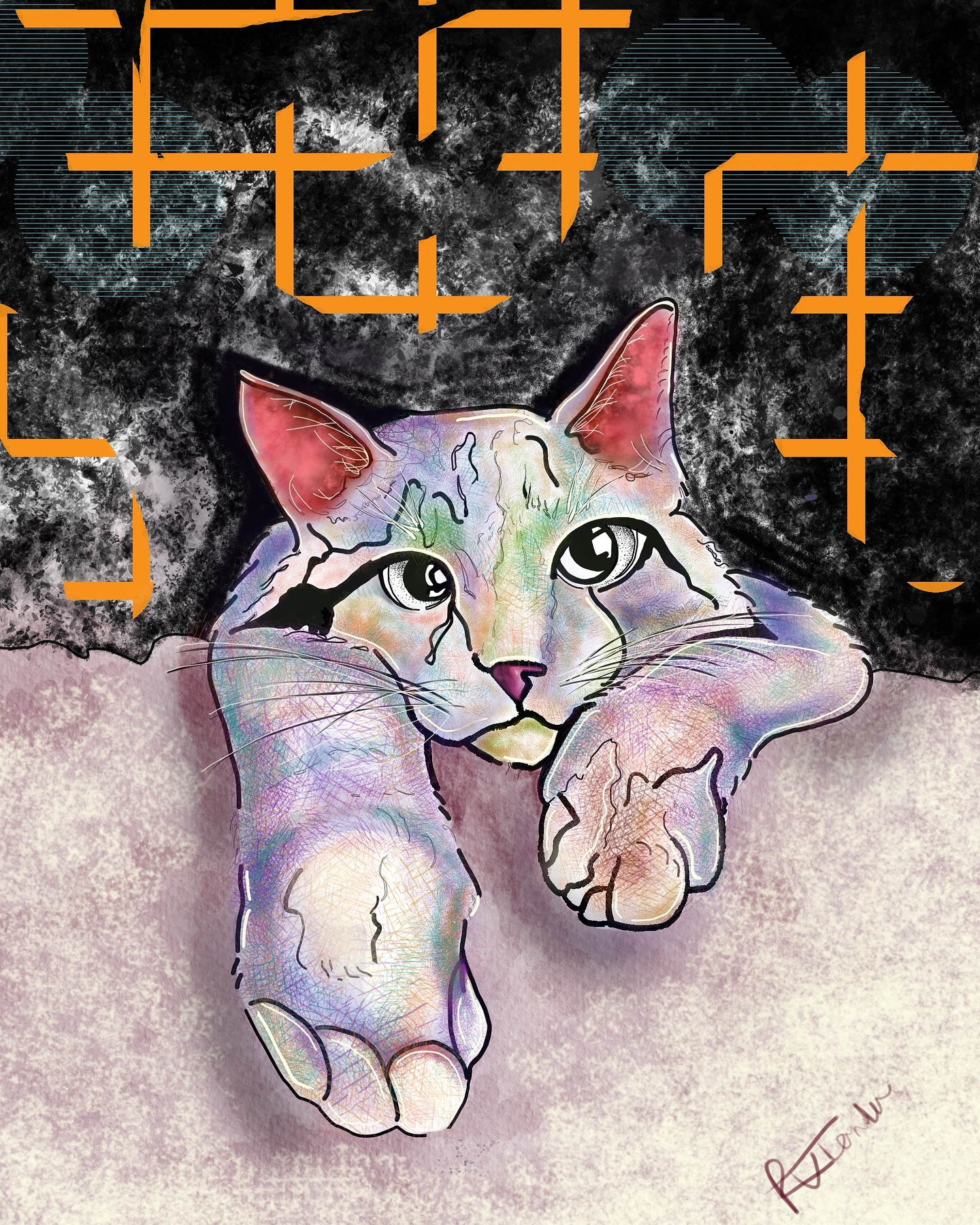 Catamine 1 A surreal digital artwork showing a cat emerging from the bottom of the frame, rendered in iridescent pastel tones with sketch-like outlines. The background is dark and heavily textured, layered with bold orange geometric symbols, creating a muted, dissociative atmosphere.