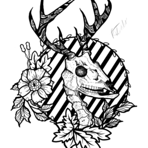 Black-and-white digital illustration of a textured deer skull with antlers, centered inside a bold striped circle. Detailed flowers and leaves surround the circle, intertwining with the antlers.