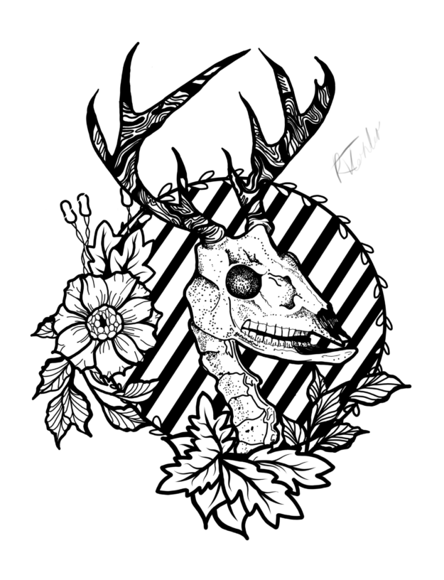 The Care We Give to Death - DEER 1 Black-and-white digital illustration of a textured deer skull with antlers, centered inside a bold striped circle. Detailed flowers and leaves surround the circle, intertwining with the antlers.