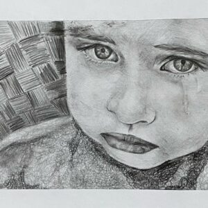 A pencil drawing of a child's face with a calm but sad expression, faint tear marks on the cheek, and textured shading in the background.